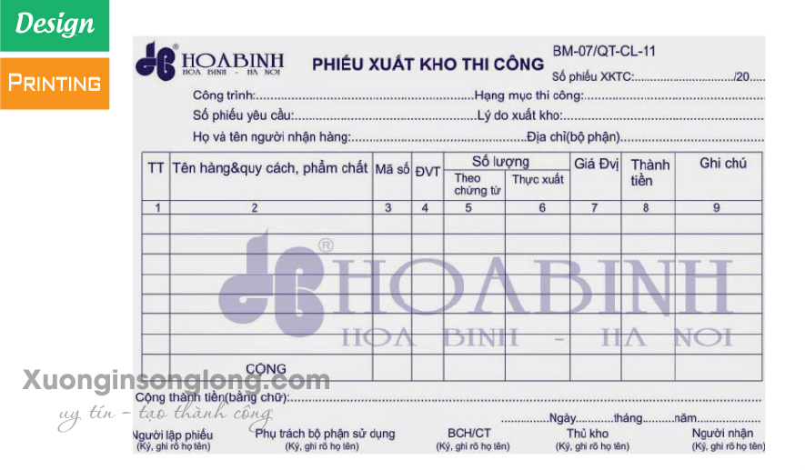 MẪU PHIẾU XUẤT NHẬP KHO CÔNG TY XÂY DỰNG HÒA BÌNH